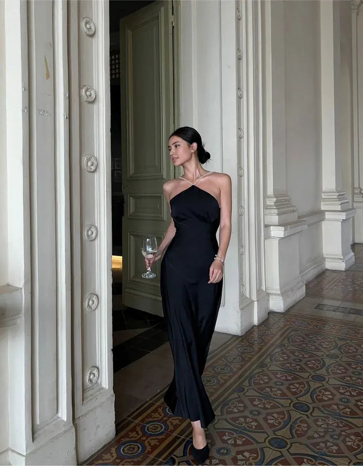 Robe de soirée longue en satin noir, dos nu, sexy, robe de bal, robes de soirée